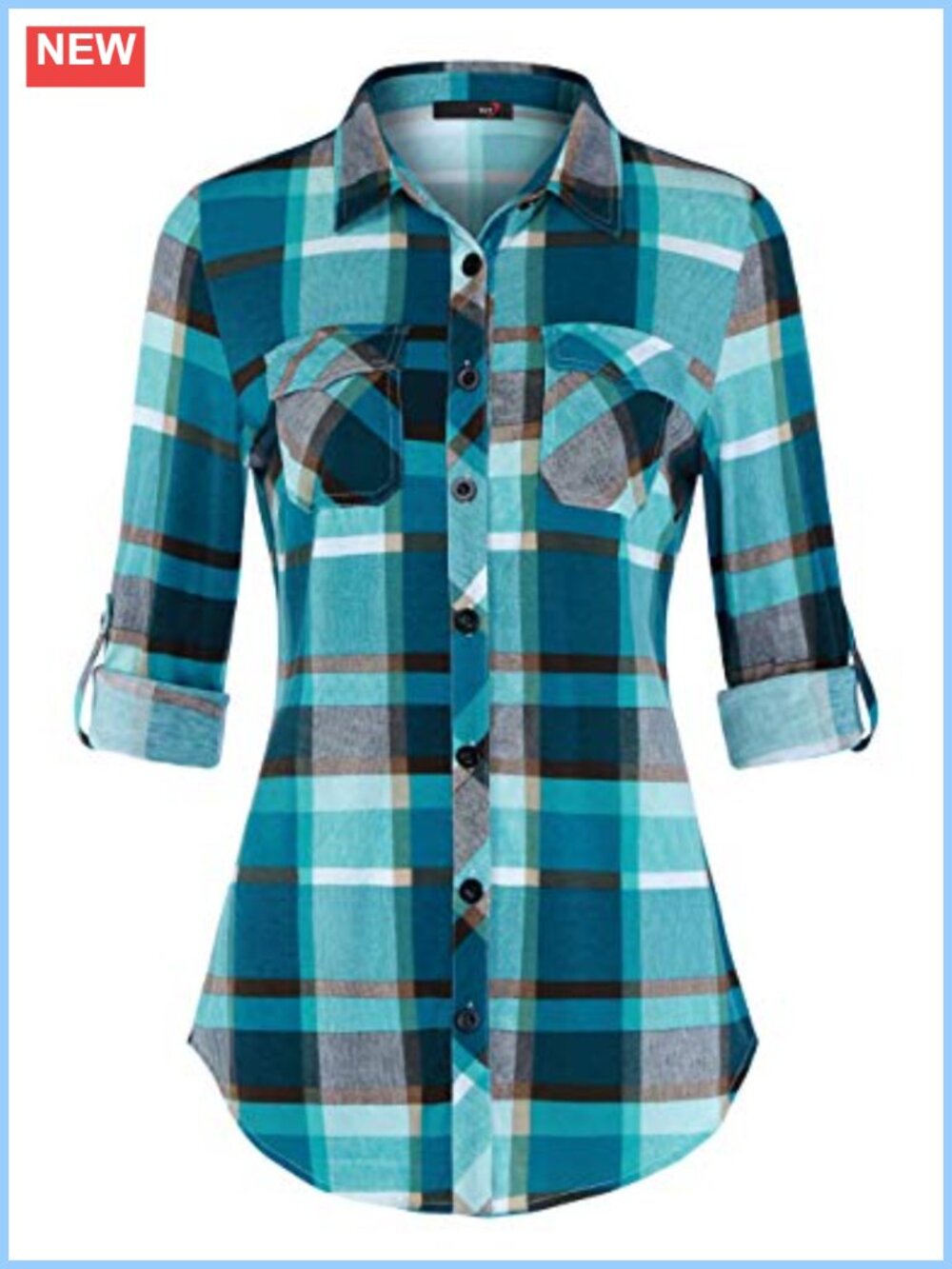 Womens Soft Stretchy Knit Plaid Button Down Blouse Roll Up Sleeve